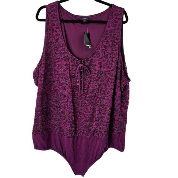 Torrid Bodysuit Corset 5X Lace Seamed Lace Up Bodysuit Purple Floral New - Picture 4 of 9